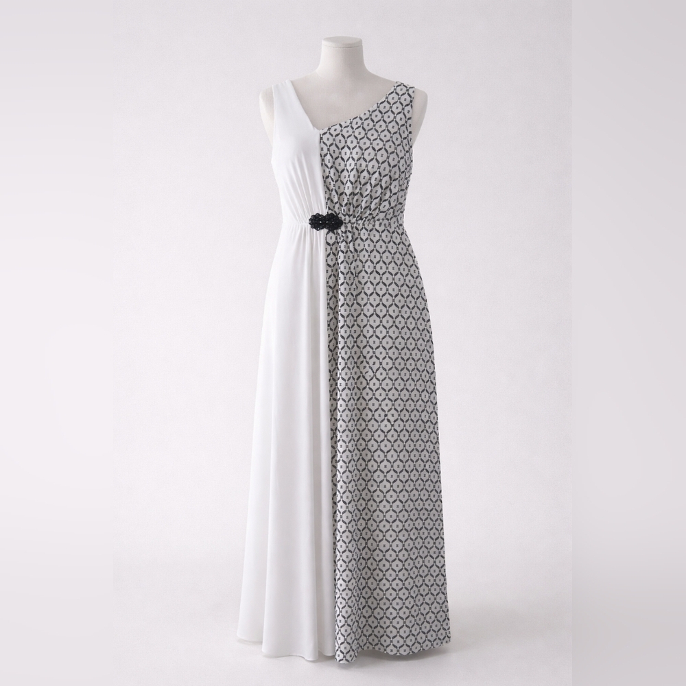 Nine West Asymmetrical Maxi Dress | Black & White Geometric Elegant Chic SizeM - Picture 5 of 5